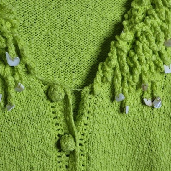 Mifresia Large Yellow Green Fringe Seashell Knit Cardigan - Picture 6 of 13